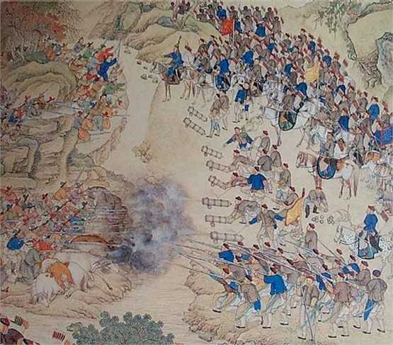 Qianlong's army battling Muslim insurgents.  
Notice that the both armies (Chinese on the right) are using a type of musket and cannon.