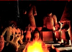Replica statues are readied for firing at 1000&deg;C in a museum factory kiln.<br>About 10% of these firings fail.<br>The exact method of original creation remains largely a mystery
