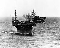 Photo # 80-G-301351:  USS Langley leading Task Group 38.3 into Ulithi anchorage, 12 December 1944