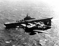 Photo # 80-G-705399:  F8F Bearcat fighters fly past USS Valley Forge (CV-45), April 1948