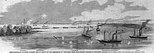 Photo # NH 59066:  Engraving of USS Pinola and other gunboats attacking Mississippi River obstructions, 20 April 1862