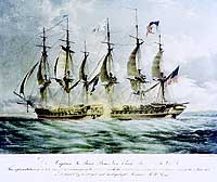 Photo # NH 63177-KN:  Action between USS Chesapeake and HMS Shannon.  Colored lithograph by L. Haghe, published in 1830.