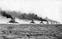Photo # NH 92091:  Atlantic Fleet battleships departing Hampton Roads, Virginia, at the start of their cruise around the World, Dec. 1907.  Photographed by C.E. Waterman