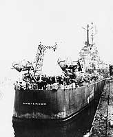 Photo # NH 98589:  USS Amsterdam at Portland, Oregon, for Navy Day, October 1945