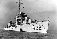 Photo # NH 101669:  USS Mayrant at anchor with painters over the side, circa 1939-1941