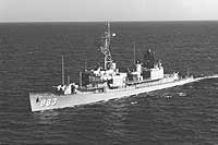 Photo # NH 106434:  USS Newman K. Perry underway in Narragansett Bay, Rhode Island, 6 May 1969