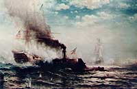 Photo # 80-G-K-17106:  CSS Virginia sinks USS Cumberland. Painting by Edward Moran.