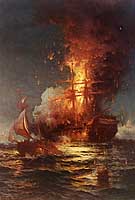 Photo # KN-10849:  'Burning of the Frigate Philadelphia ...'.  Painting by Edward Moran, 1897