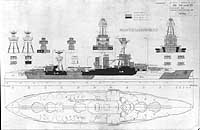 Photo # 19-N-73641:  Starboard side drawing of Camouflage Measure 31a Design 8B, for USS New York (BB-34) and USS Texas (BB-35).