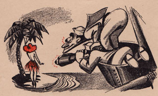 Cartoon: Lookout spots grass-skirted beauty 'neath a palm tree