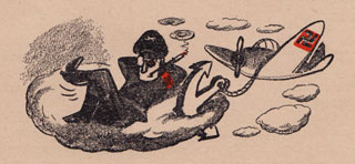 Cartoon: Pilot 'drops anchor' and relaxes on a cloud