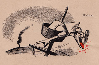 Cartoon: Horizon lookout in crow's nest shouting warning