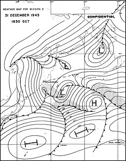 Weather map for mission 2, 31 December 1943, 1830 GCT